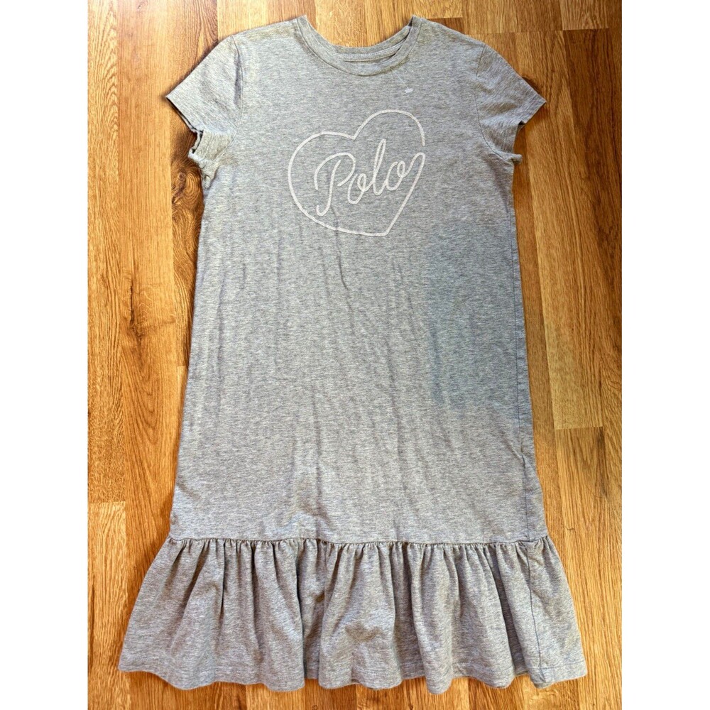 Polo Ralph Lauren Girls Gray Logo Knit T-Shirt Dress Ruffle Hem L (12-14)